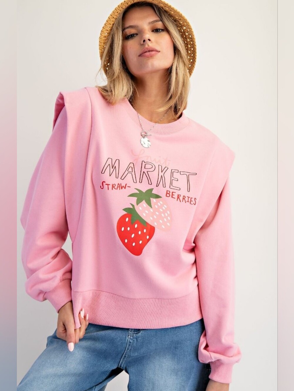 5-0920 Easel Market Strawberries Pink Graphic Crewneck Sweatshirt